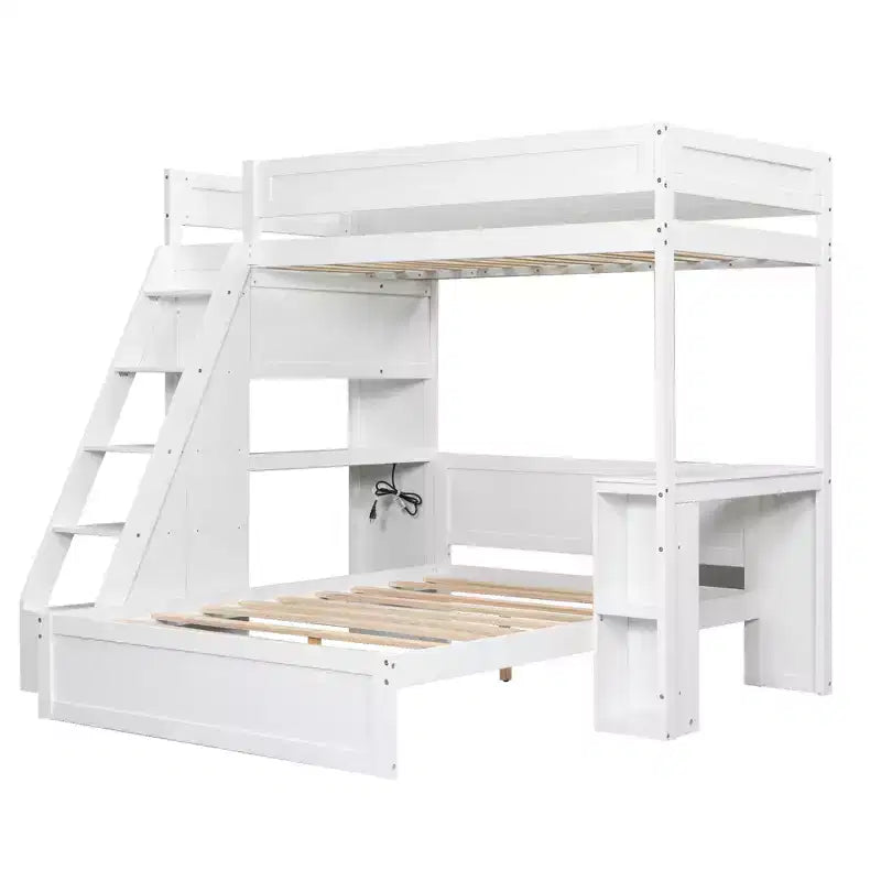 Lit superposé avec bureau, ports USB et étagères de rangement