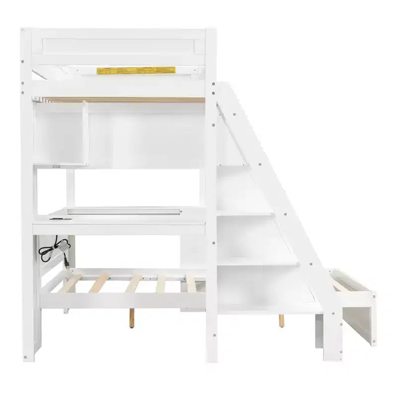 Lit superposé avec bureau, ports USB et étagères de rangement