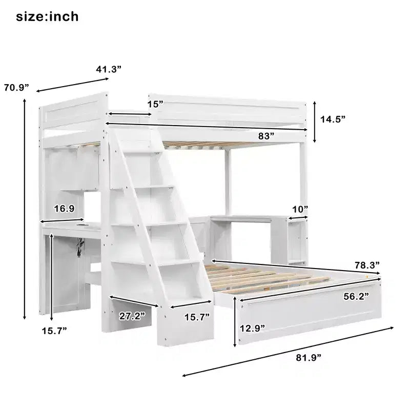 Lit superposé avec bureau, ports USB et étagères de rangement