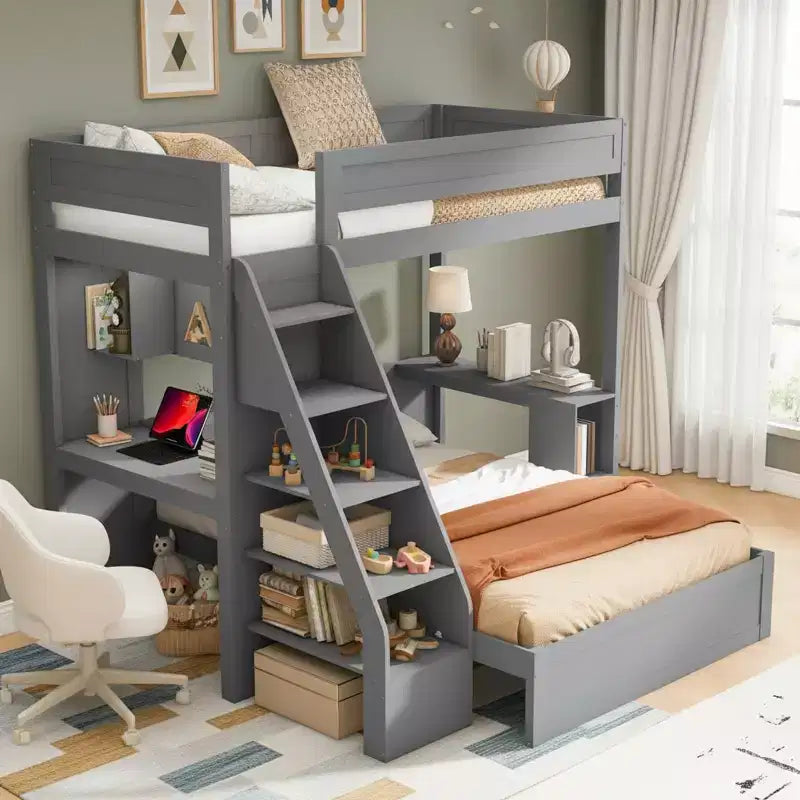 Lit superposé avec bureau, ports USB et étagères de rangement