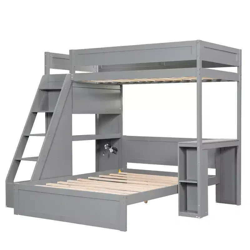 Lit superposé avec bureau, ports USB et étagères de rangement