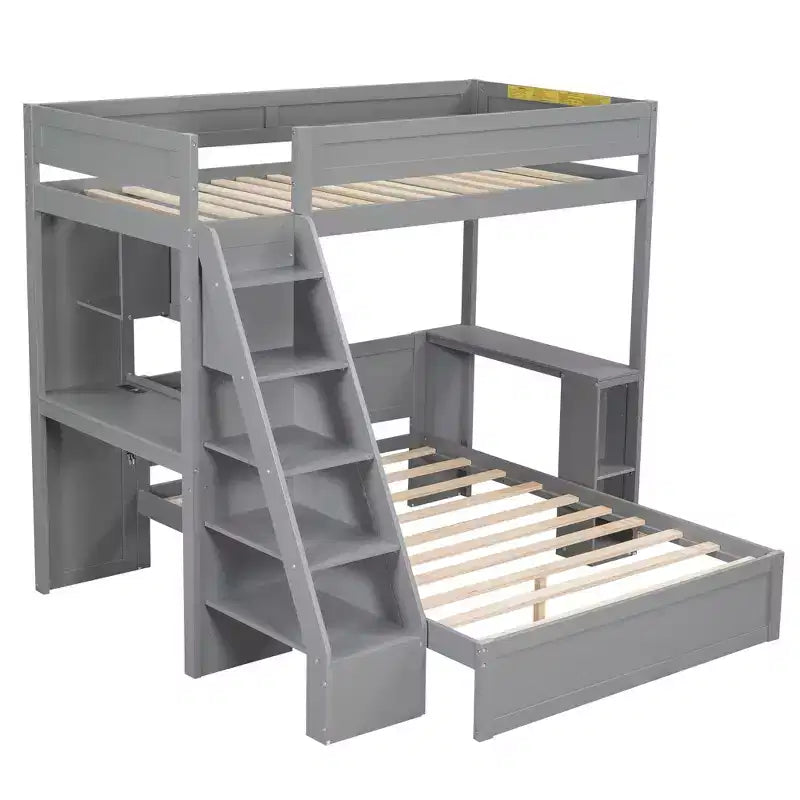 Lit superposé avec bureau, ports USB et étagères de rangement