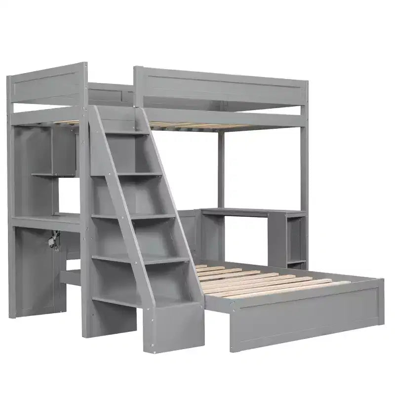 Lit superposé avec bureau, ports USB et étagères de rangement