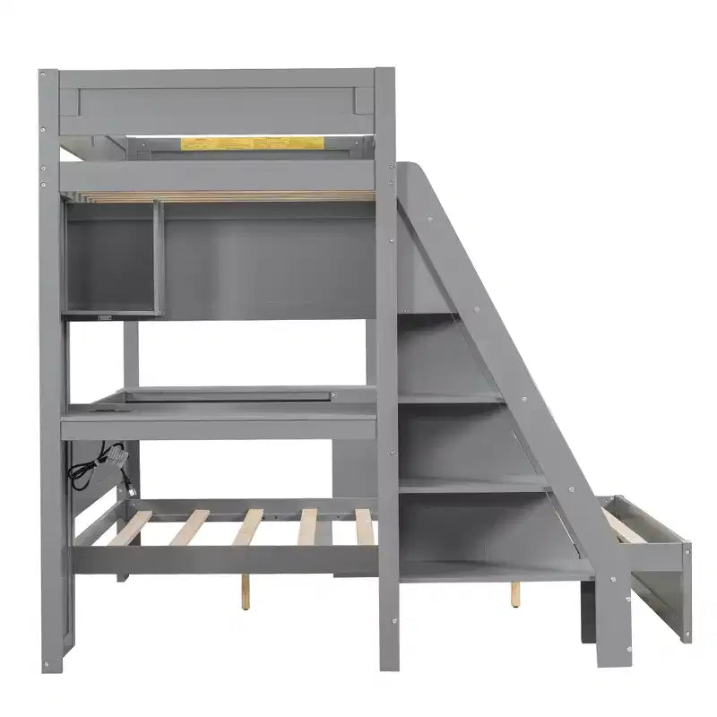 Lit superposé avec bureau, ports USB et étagères de rangement