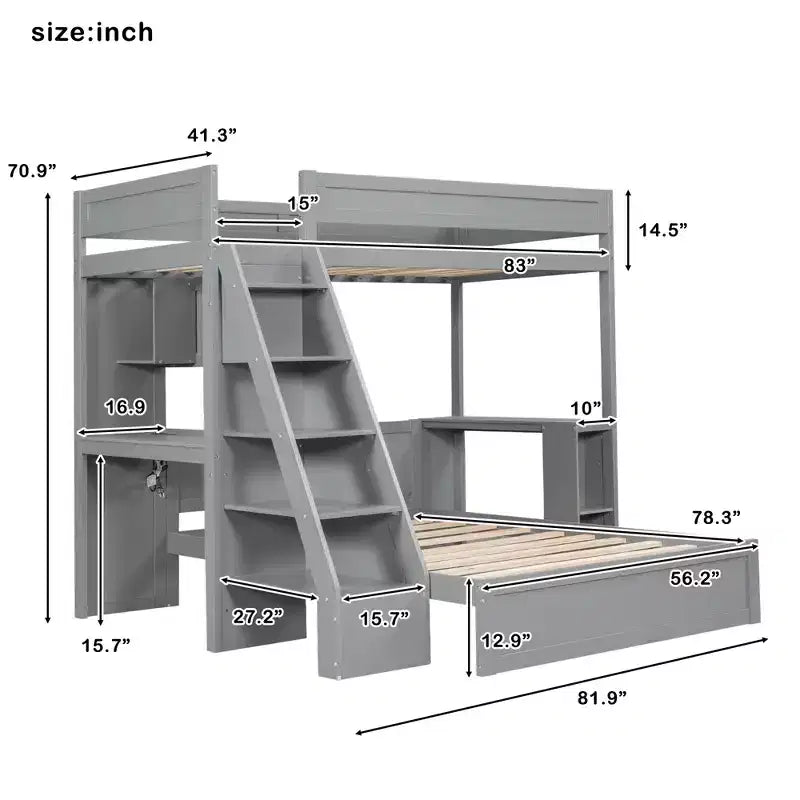 Lit superposé avec bureau, ports USB et étagères de rangement