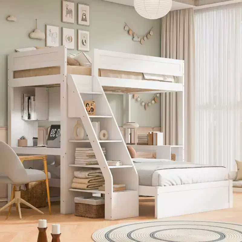 Lit superposé avec bureau, ports USB et étagères de rangement