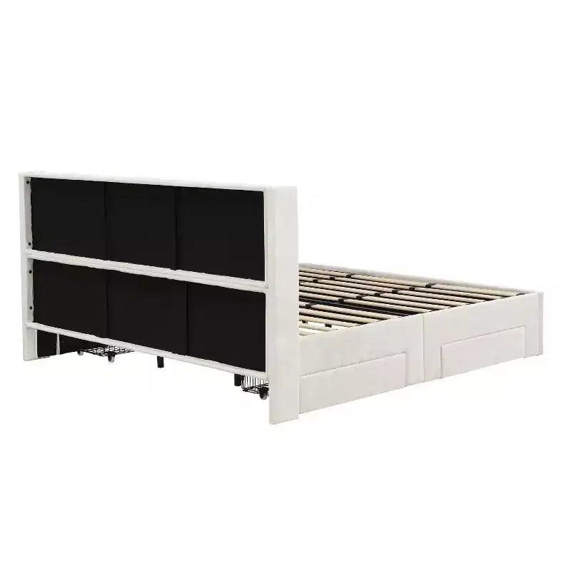 Gepolstertes Bettgestell mit Lattenrost in Queen-/King-Size mit Aufbewahrungsschubladen und Kopfteil, Beige