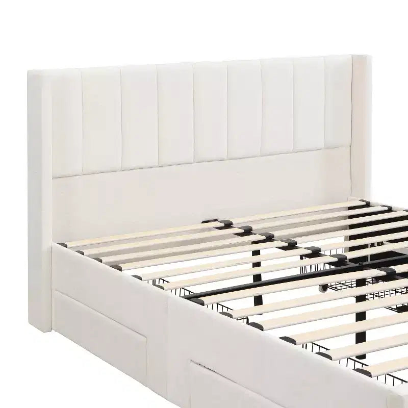 Gepolstertes Bettgestell mit Lattenrost in Queen-/King-Size mit Aufbewahrungsschubladen und Kopfteil, Beige