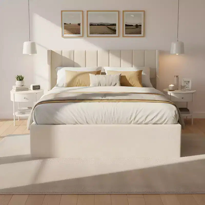Gepolstertes Bettgestell mit Lattenrost in Queen-/King-Size mit Aufbewahrungsschubladen und Kopfteil, Beige