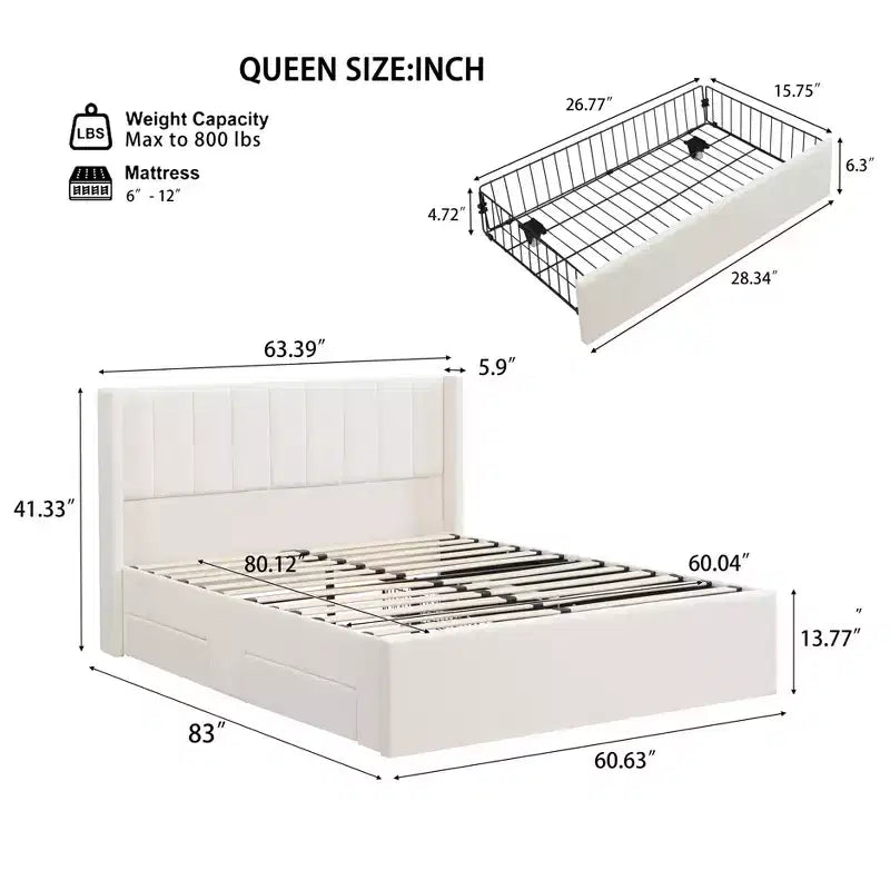 Gepolstertes Bettgestell mit Lattenrost in Queen-/King-Size mit Aufbewahrungsschubladen und Kopfteil, Beige