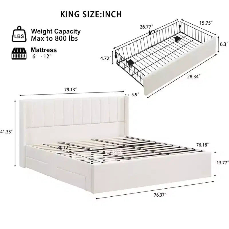 Gepolstertes Bettgestell mit Lattenrost in Queen-/King-Size mit Aufbewahrungsschubladen und Kopfteil, Beige