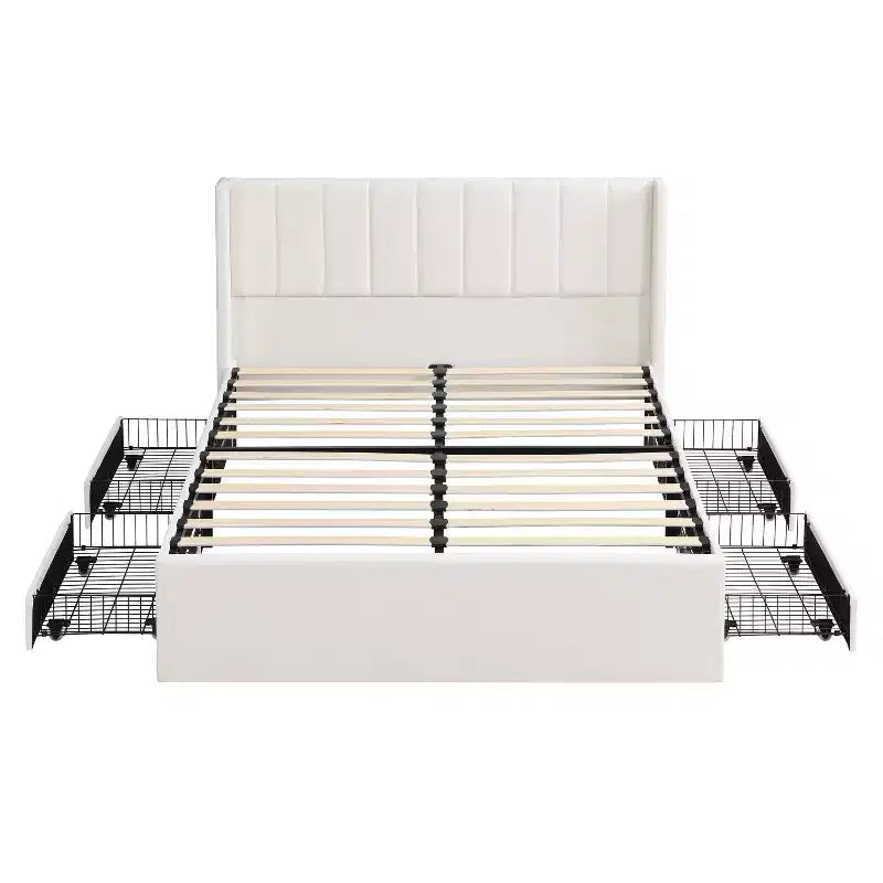 Cadre de lit plateforme rembourré Queen/King avec tiroirs de rangement et tête de lit, beige