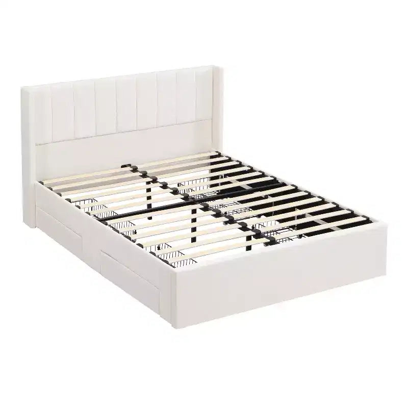 Gepolstertes Bettgestell mit Lattenrost in Queen-/King-Size mit Aufbewahrungsschubladen und Kopfteil, Beige