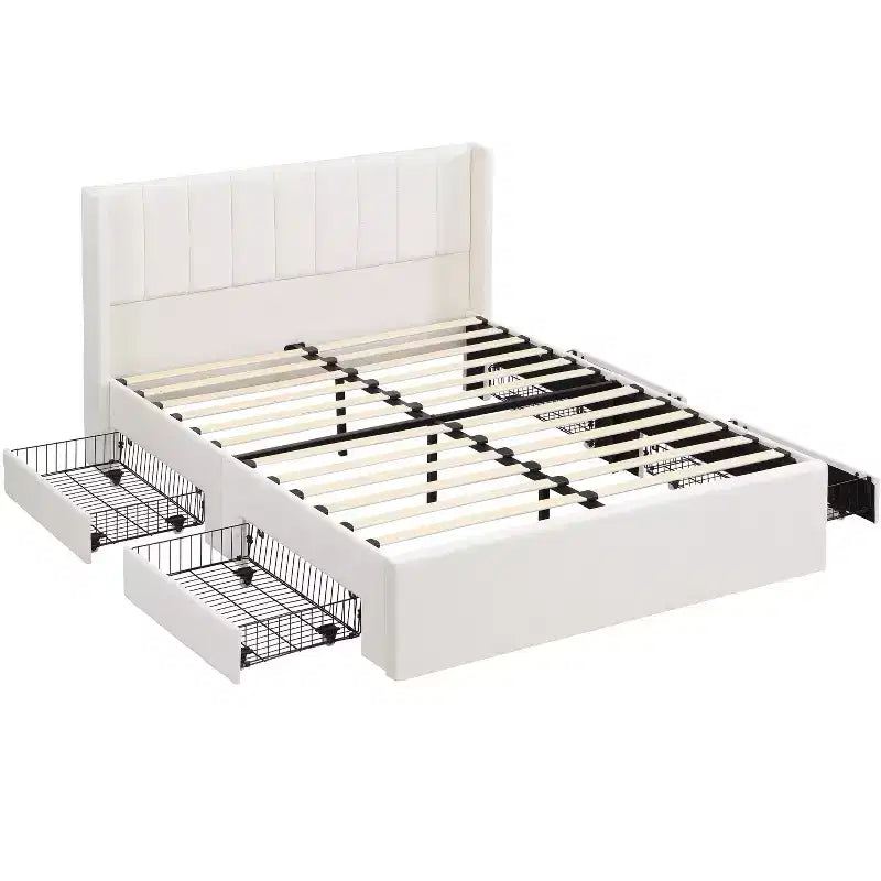 Gepolstertes Bettgestell mit Lattenrost in Queen-/King-Size mit Aufbewahrungsschubladen und Kopfteil, Beige