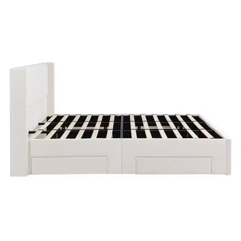 Gepolstertes Bettgestell mit Lattenrost in Queen-/King-Size mit Aufbewahrungsschubladen und Kopfteil, Beige