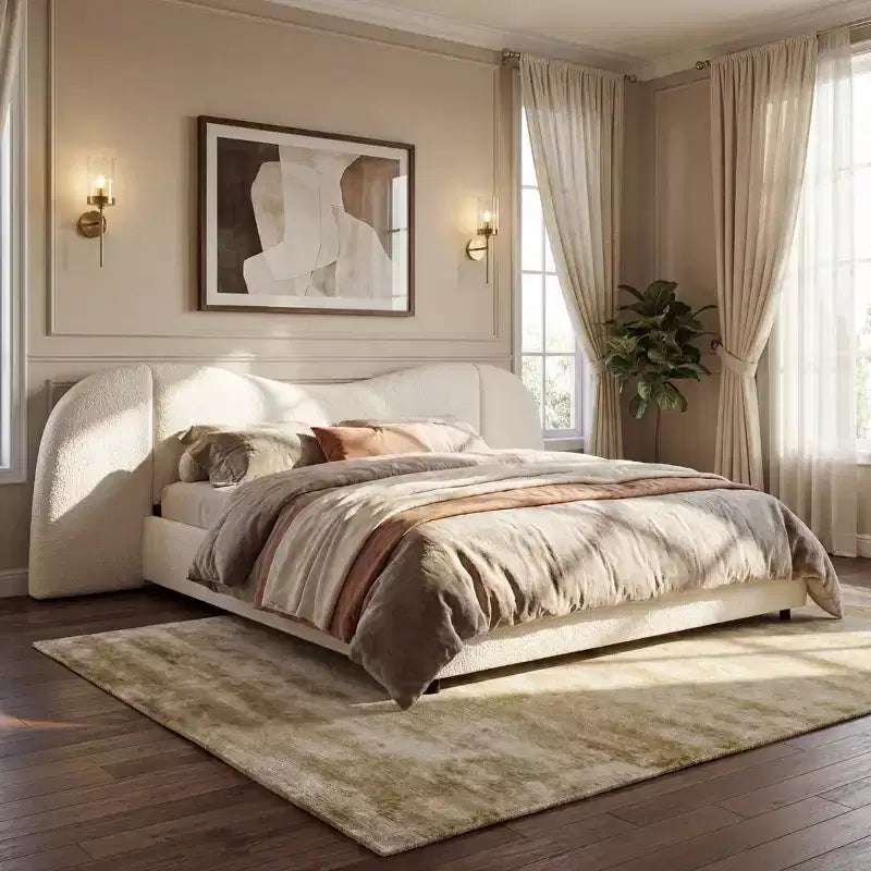 Estructura de cama moderna de madera tapizada en borreguito bouclé con cabecero curvo
