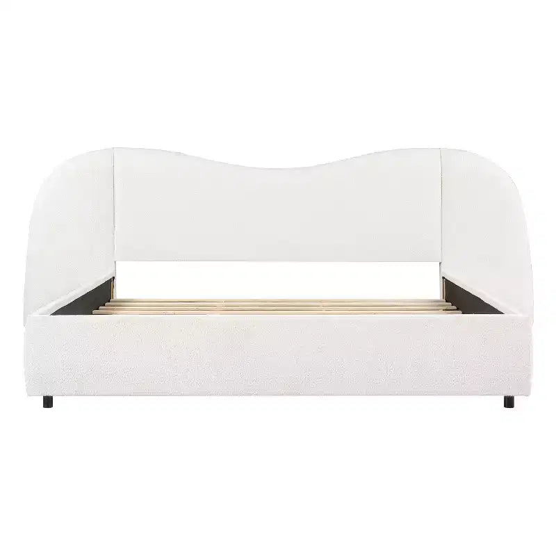 Estructura de cama moderna de madera tapizada en borreguito bouclé con cabecero curvo