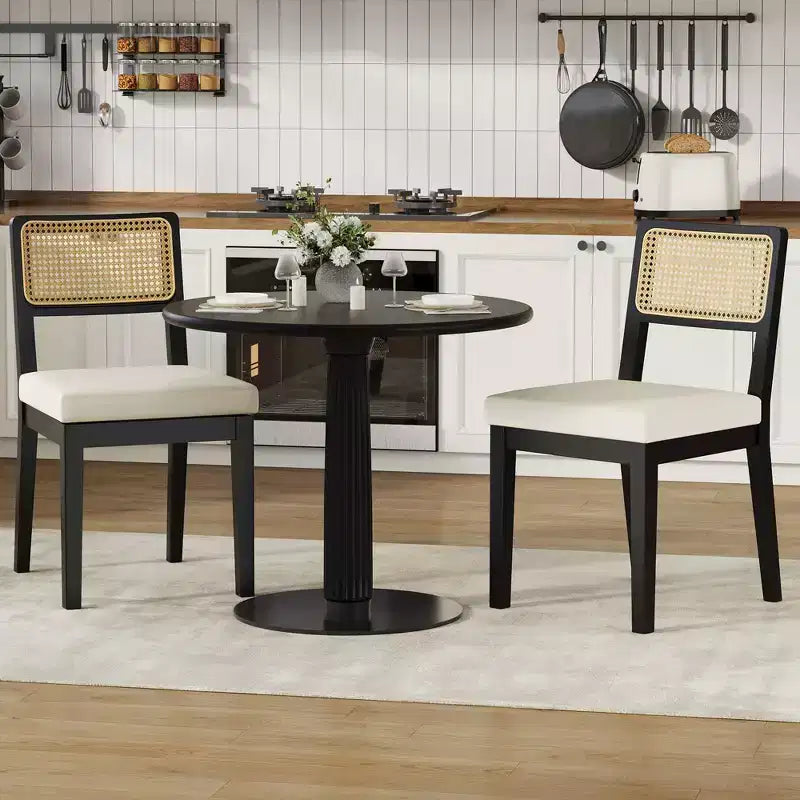 Juego de 2 sillas de comedor de ratán, sillas de cocina estilo granja moderno de mediados de siglo con estructura de madera y respaldo de ratán para el comedor y la sala de estar
