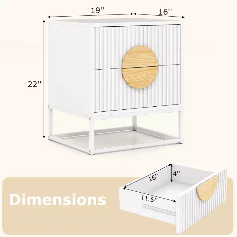 1/2 STÜCK geriffelter Nachttisch mit 2 Schubladen, Griffen aus Kiefernholz und Metallgestell für das Schlafzimmer, Schwarz/Weiß