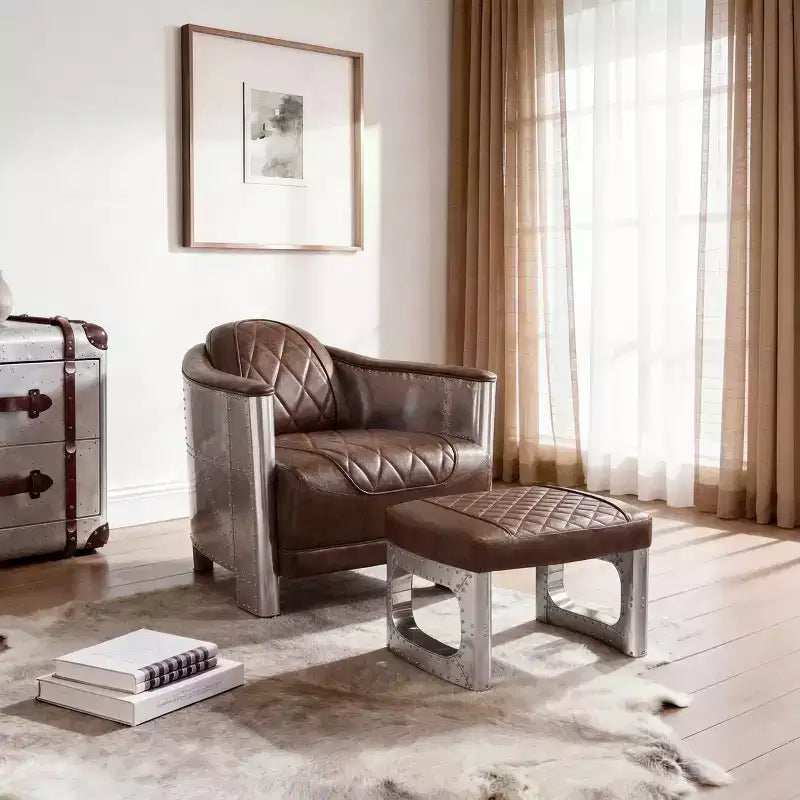 Pouf en cuir véritable, repose-pieds industriel du milieu du siècle avec assemblage de pièces en aluminium