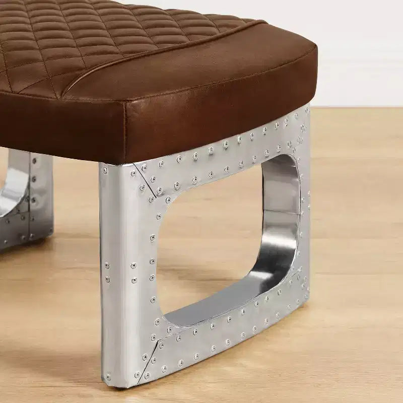 Pouf en cuir véritable, repose-pieds industriel du milieu du siècle avec assemblage de pièces en aluminium