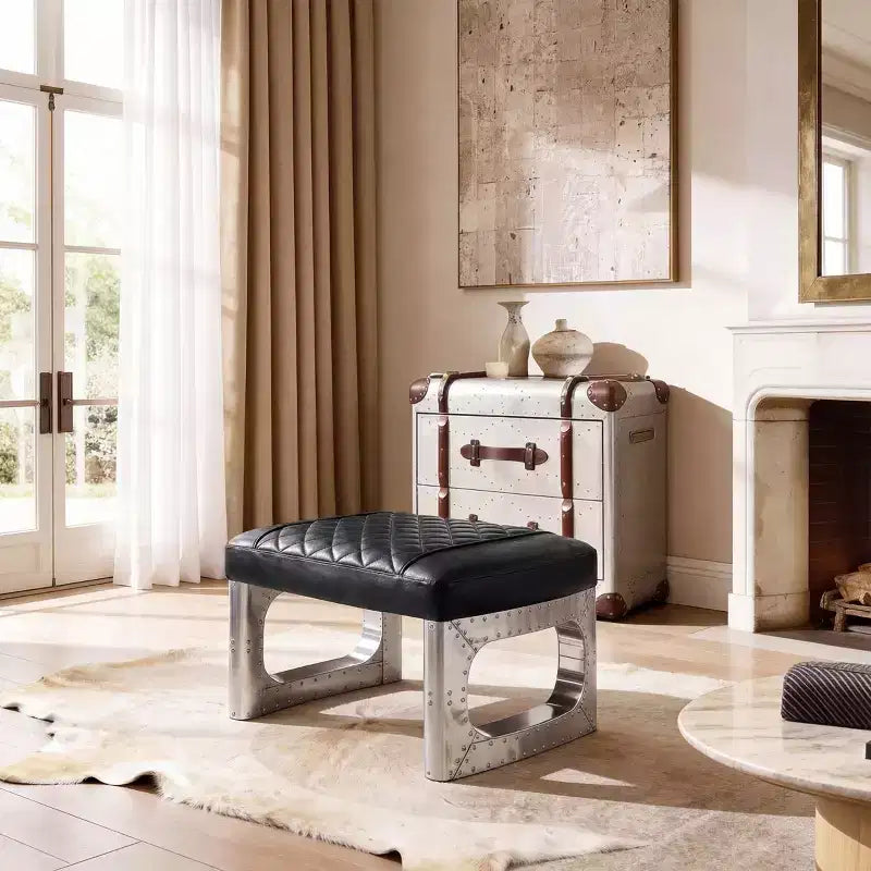 Pouf en cuir véritable, repose-pieds industriel du milieu du siècle avec assemblage de pièces en aluminium