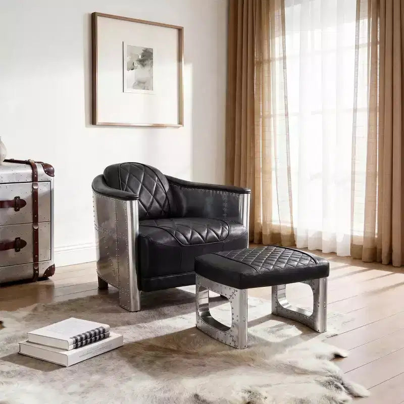 Pouf en cuir véritable, repose-pieds industriel du milieu du siècle avec assemblage de pièces en aluminium