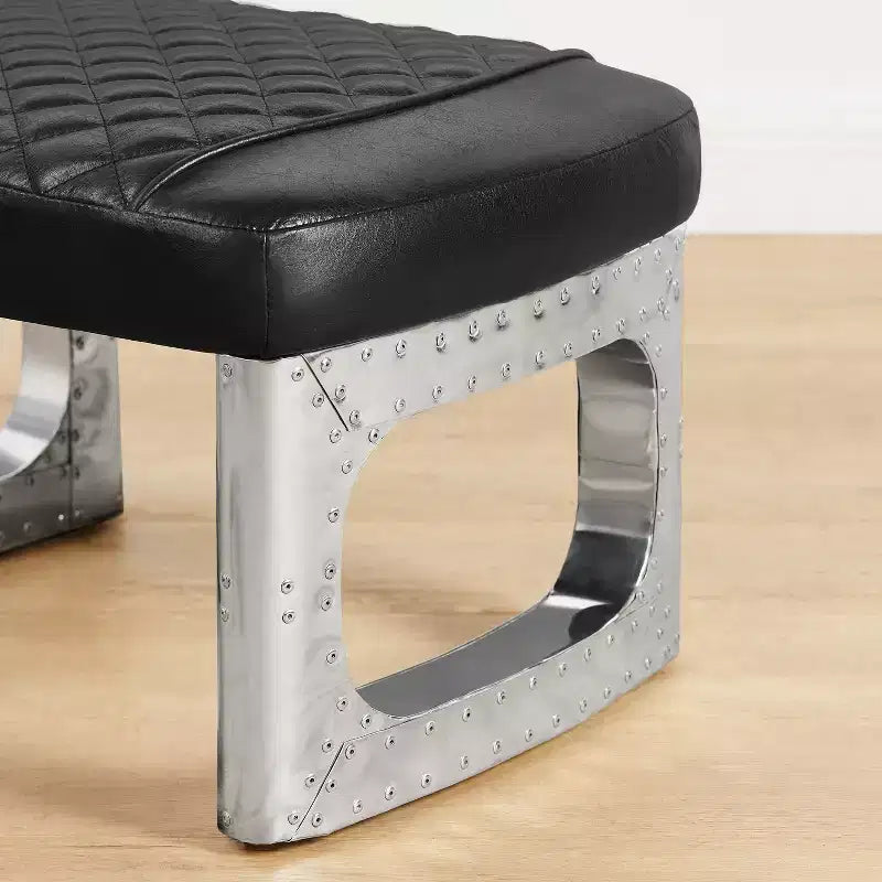 Pouf en cuir véritable, repose-pieds industriel du milieu du siècle avec assemblage de pièces en aluminium