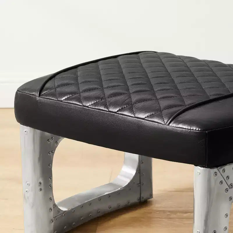 Pouf en cuir véritable, repose-pieds industriel du milieu du siècle avec assemblage de pièces en aluminium