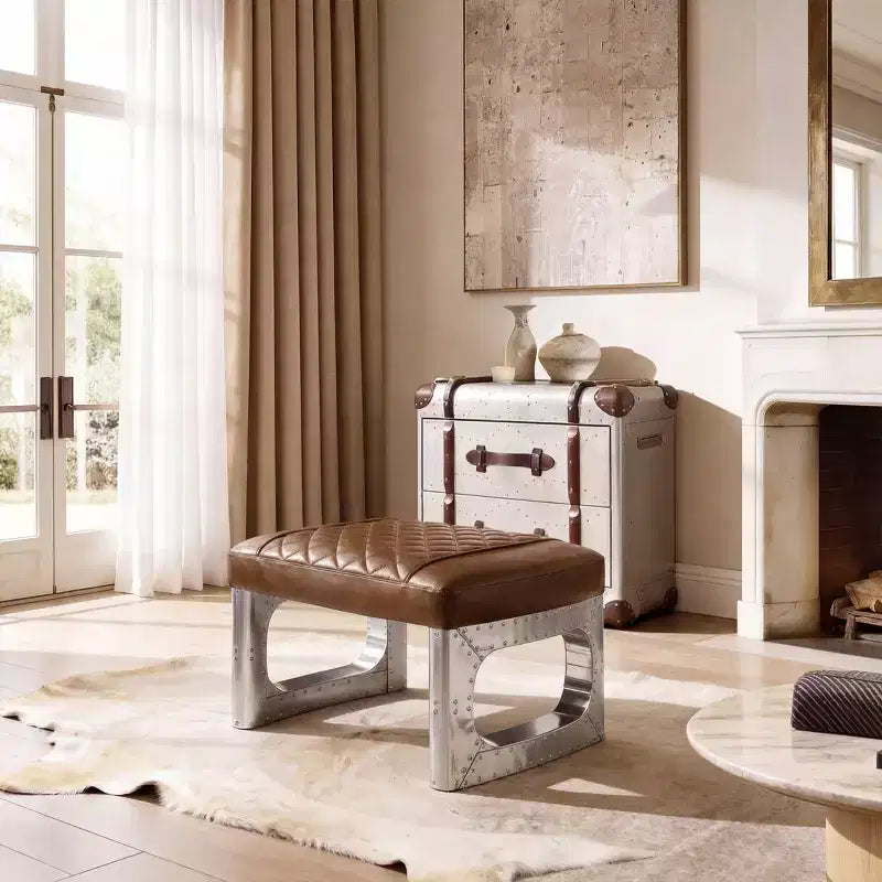 Pouf en cuir véritable, repose-pieds industriel du milieu du siècle avec assemblage de pièces en aluminium