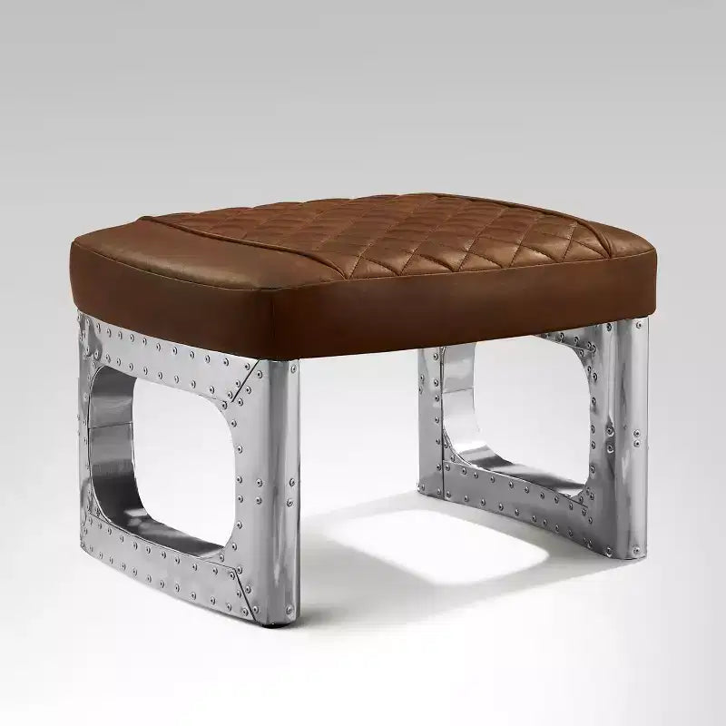 Pouf en cuir véritable, repose-pieds industriel du milieu du siècle avec assemblage de pièces en aluminium