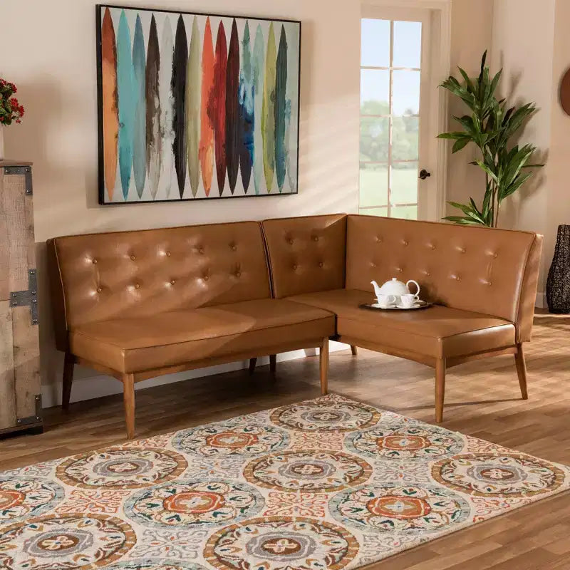 2pc Arvid Mid-Century Faux Leather Upholstered Wood Dining Corner Sofa Bench Set Walnut/Brown - Baxton Studio
