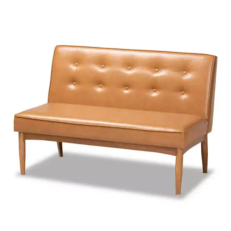Ensemble de banquette d’angle de salle à manger 2 pièces en bois, revêtement en similicuir, style milieu du siècle, noyer/marron