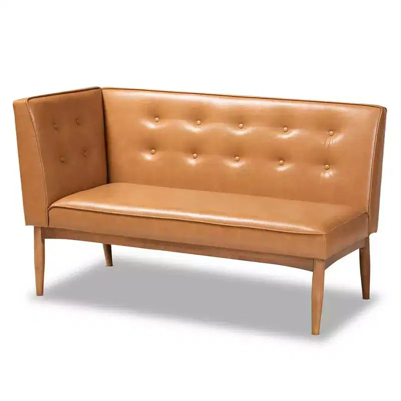Ensemble de banquette d’angle de salle à manger 2 pièces en bois, revêtement en similicuir, style milieu du siècle, noyer/marron