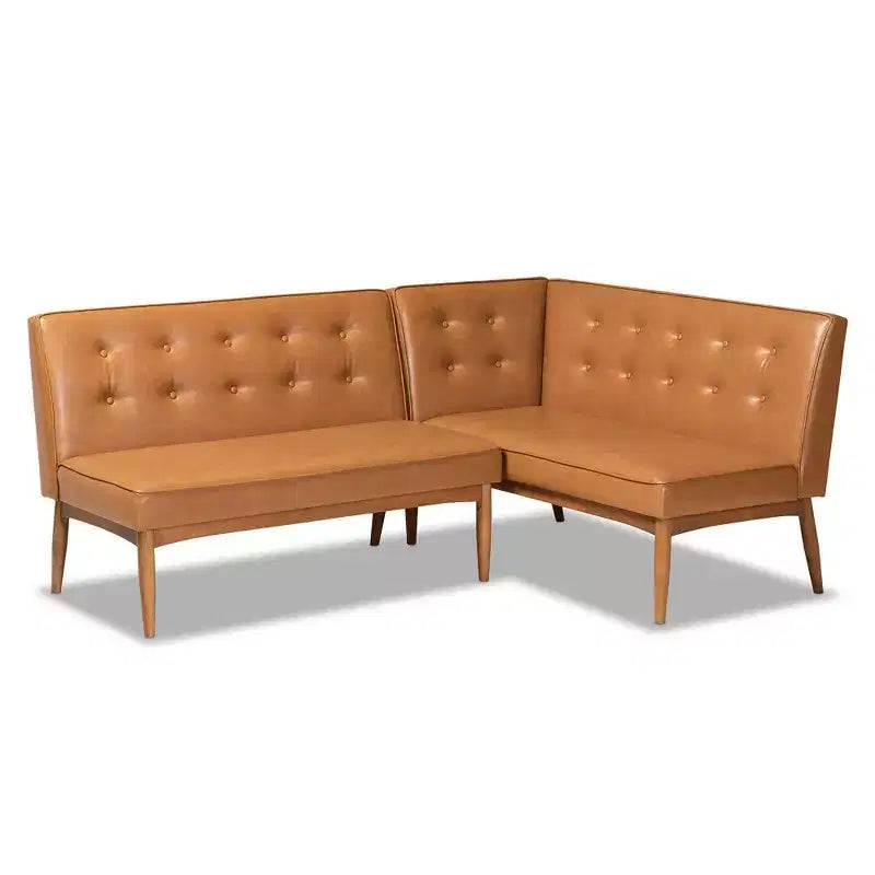 Ensemble de banquette d’angle de salle à manger 2 pièces en bois, revêtement en similicuir, style milieu du siècle, noyer/marron