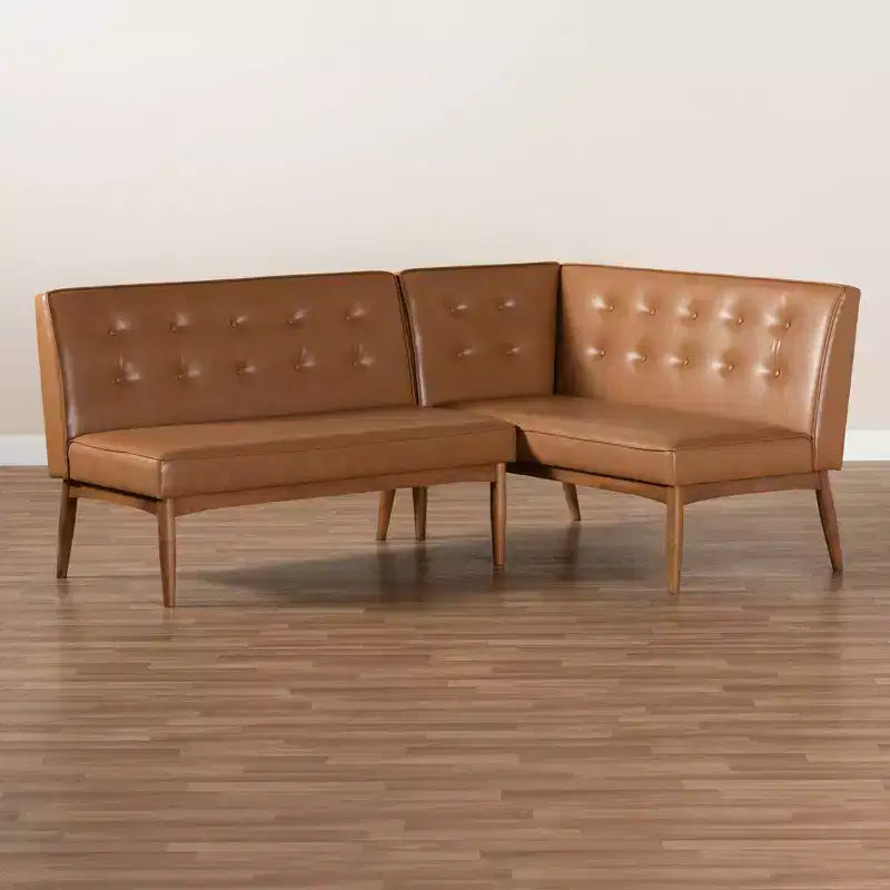 Ensemble de banquette d’angle de salle à manger 2 pièces en bois, revêtement en similicuir, style milieu du siècle, noyer/marron