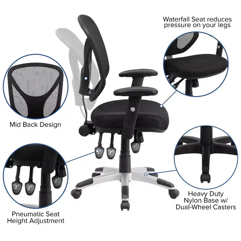 Silla de oficina ergonómica negra de malla, giratoria y multifuncional, con respaldo medio y apoyabrazos ajustables