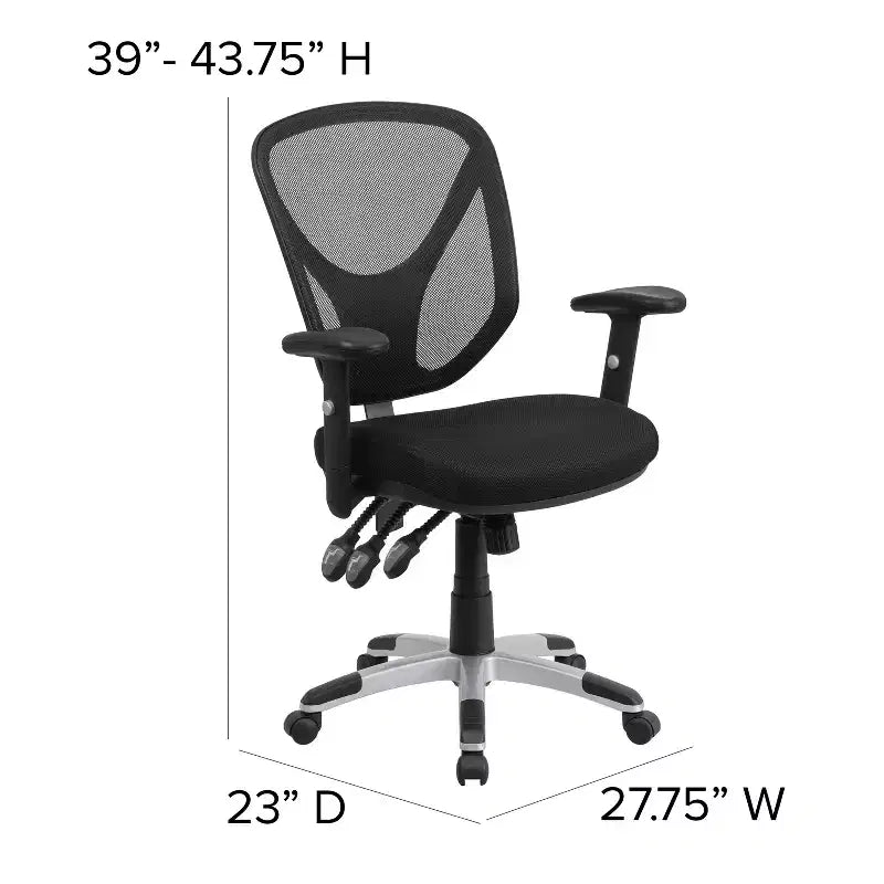 Chaise de bureau ergonomique pivotante multifonctionnelle noire en maille, à dossier mi-hauteur et accoudoirs réglables
