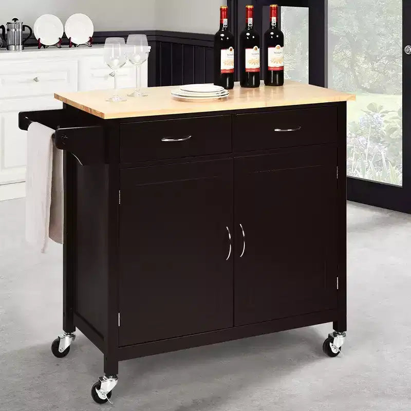 Carrito de cocina moderno con ruedas, isla de almacenamiento y gabinete multiuso para el hogar, hotel o cocina, con encimera de madera maciza