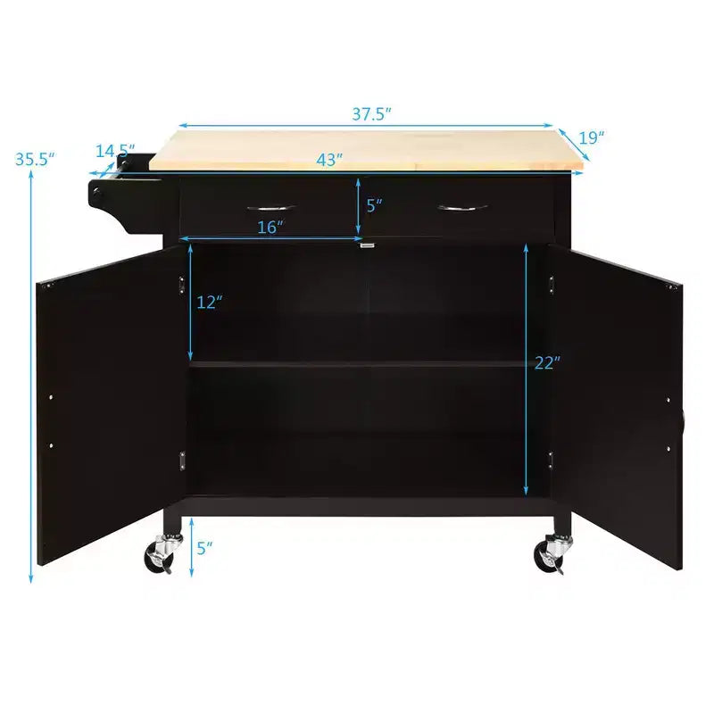 Carrito de cocina moderno con ruedas, isla de almacenamiento y gabinete multiuso para el hogar, hotel o cocina, con encimera de madera maciza
