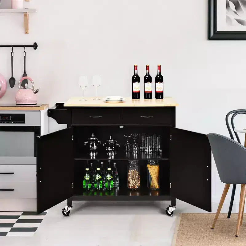 Moderner rollbarer Küchenwagen mit Stauraumschrank, vielseitig einsetzbar für Haushalt, Hotel und Küche, mit Massivholzplatte