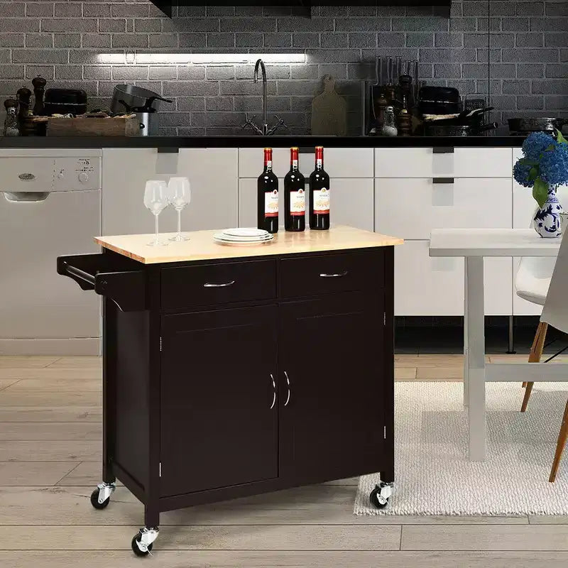 Carrito de cocina moderno con ruedas, isla de almacenamiento y gabinete multiuso para el hogar, hotel o cocina, con encimera de madera maciza