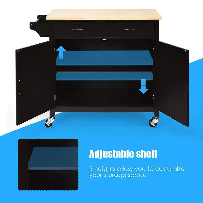 Carrito de cocina moderno con ruedas, isla de almacenamiento y gabinete multiuso para el hogar, hotel o cocina, con encimera de madera maciza