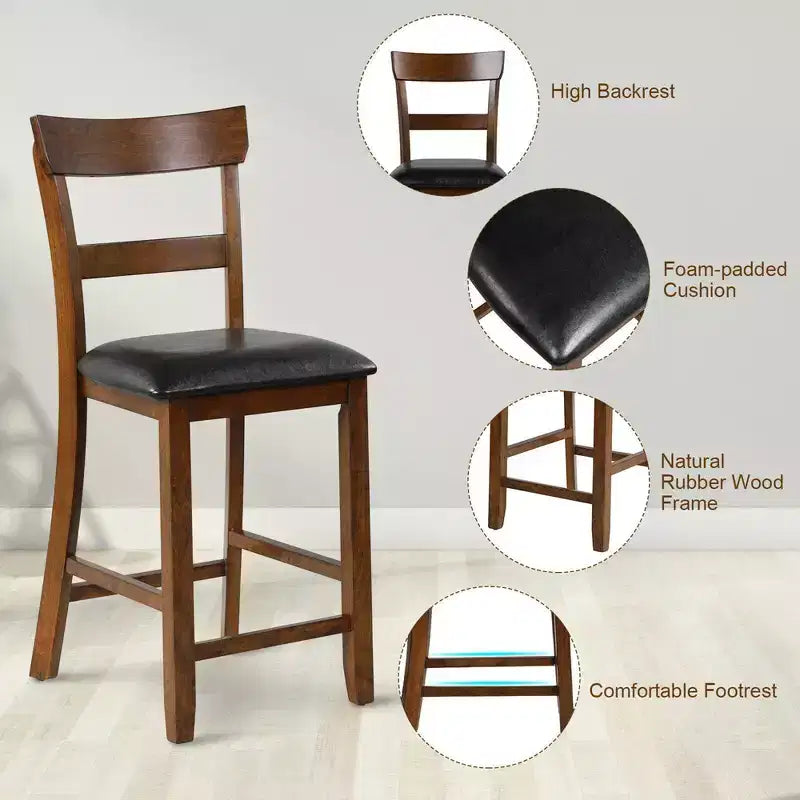 Lot de 2 tabourets de bar à hauteur de comptoir avec assise en cuir et pieds en hévéa