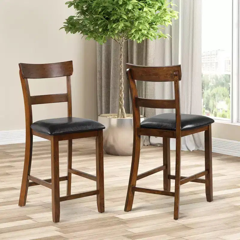 Lot de 2 tabourets de bar à hauteur de comptoir avec assise en cuir et pieds en hévéa